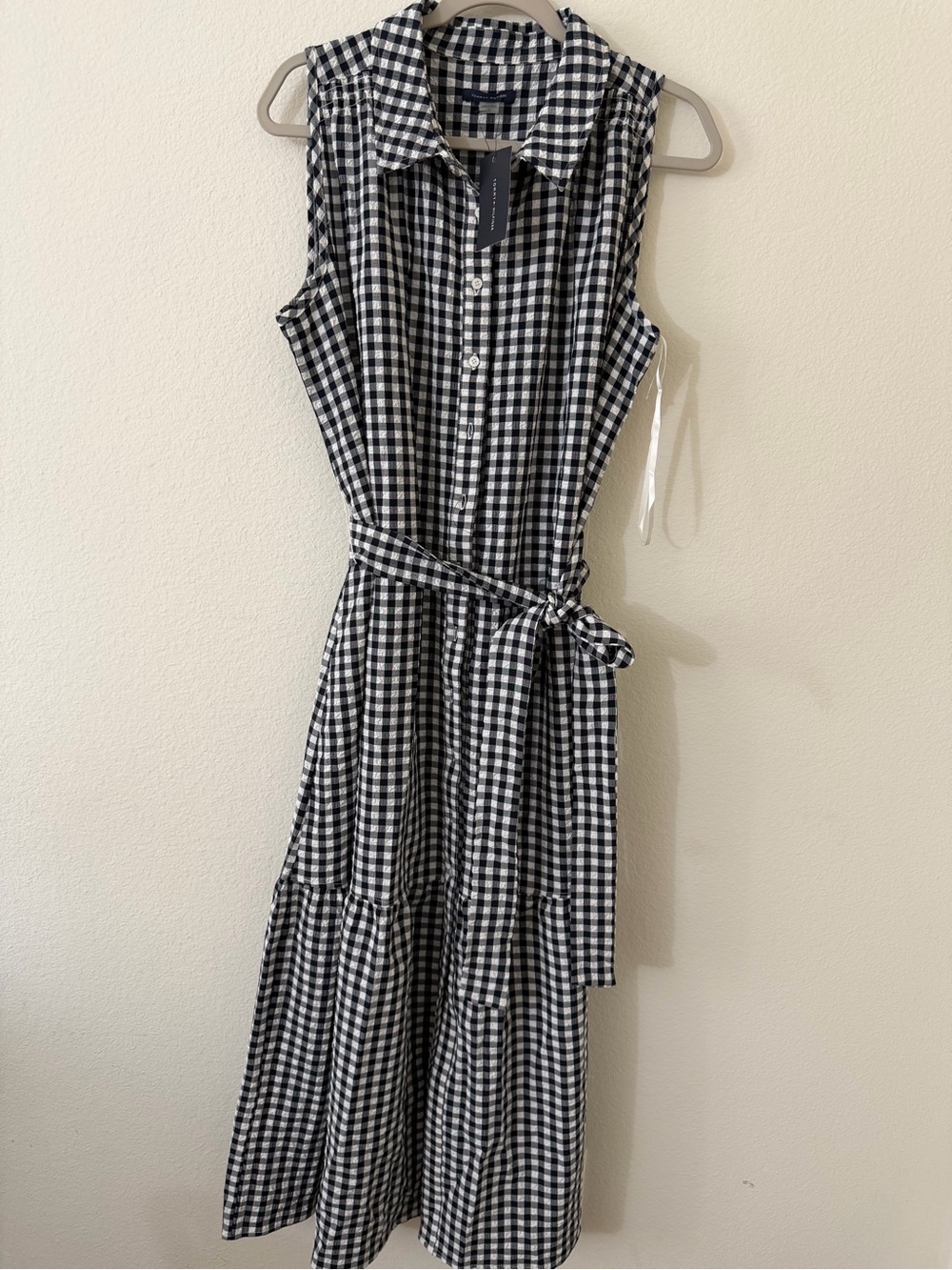 Tommy Hilfiger Maxi  Black & White Gingham Shirt Dress with Waist Tie